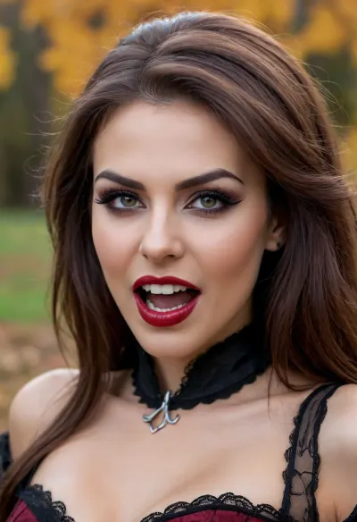 Realistic Beautiful romanian woman, big vampire fangs, vampire, wearing whore vampire queen costume, autumn hair, sexy vampire eyes, seductive look, facing viewer, close up, mouth opèn showing sexy big vampire teeth, orgasm face, perfect face, perfect mouth, beautiful, stunning, elegant, slutty., fangs