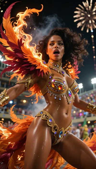 A cinematic medium shot capturing a stunning Brazilian samba dancer at the height of her performance during the Rio Carnival at night. She has striking, authentic Afro-Brazilian features, warm golden-bronze skin glistening with sweat, and an expression of pure, ecstatic passion. Her eyes burn with an orange inner fire. She wears an ultra-luxurious costume styled after a rising phoenix, sparkling with thousands of hand-sewn Swarovski crystals, filigree of liquid gold, and massive, glowing neon-orange and deep crimson feathers that seem to light up as she moves. And above her hands and on her train, an imitation flame burns, (similar to the design of Fire Kitnis’s costume), . A dynamic, explosive pose captures the swirl of her hips and her flowing hair. The background is a beautifully blurred kaleidoscope of the Sambadrome’s lights and exploding fireworks, creating a magical bokeh effect. Masterful lighting that casts dramatic shadows, voluminous smoke, cinematic composition, photorealistic textures, and flawless anatomy—a masterpiece of conceptual art.