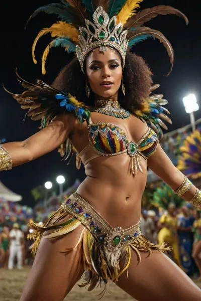 A cinematic photograph of a beautiful Brazilian woman performing the iconic “Samba” dance at a nighttime carnival in Rio. A true masterpiece. She has authentic Afro-Brazilian facial features, and sweat glistens realistically on her perfectly textured skin. She wears a luxurious, top-quality carnival costume with a magnificent crown of feathers and beads, richly detailed and crafted from real feathers and colorful, light-reflecting crystals. Perfect human anatomy. High-quality rendering, dramatic cinematic lighting with highlights and shadows, and natural background bokeh.