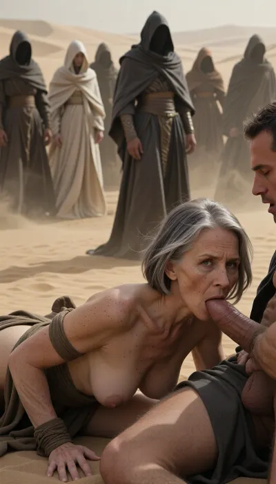 A full-body view, (MILF:1.1), (mature), (wrinkled face:.2), (freckles:.1), . A 69-year-old woman is forced into vaginal sex., (She has a bob haircut.), Lying on her stomach, her very tiny breasts, seen in profile, vaginal penetration. A strong man and moans penetrate her. Forced sex. Her hands are tied behind her back. She looks at the viewer. Close-up of her face. Her hands are tied behind her back., (Forced sex), Naked. Look at the viewer
Cinematic film still, Dune movie aesthetic, a mysterious crowd of faceless hooded figures, silhouettes wearing flowing desert robes and heavy cloaks, monochromatic sandy desert color palette, muted earth tones, soft diffused light, atmospheric desert sandstorm haze, dramatic shadows, mysterious and epic atmosphere, wide shot, great detail textures of fabric, dystopian science fiction style, cinematic lighting, photorealistic.