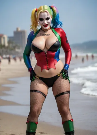 (8K resolution), ((people touched detailed)), (((adult movied sapphic therapy performing, body the position, bimbo enormous plumped pouring breast, raping girlfriend of Joker Harley Quinn skin costume, massive fucked pussy and glamorous butt, hourglass body, touch jobbing, escort ravishing facemake))), ((wetting by sea with Joker between hand fucking man in mouth job, wear heel and net bikini. The day, lighting HDR+, full body visibly)), (tattoos cover wrought body, detailed), ((public beach on porned seaside))