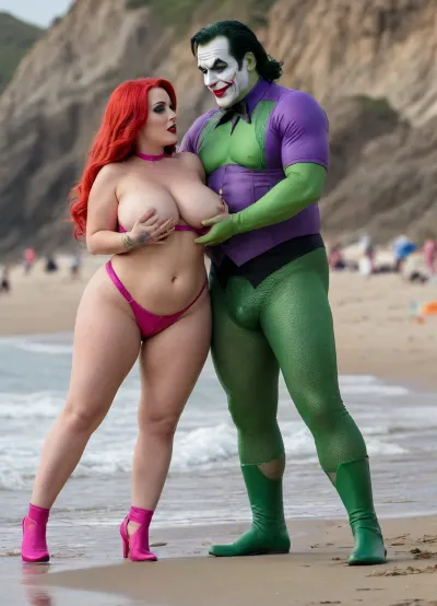 (8K resolution), ((people touched detailed)), (((adult sapphic movied therapy performing, body the position, babe enormous plumped pouring breast, girlfriend fucked of Joker Jessica Rabbit skin costume, massive fucked pussy and glamorous butt, hourglass body, touch jobbing, orgy bimbo perform reinvent escort makeup))), ((wetting by sea with orgy characters between hand fucking man in mouth job, wear heel and net bikini. The day, lighting HDR+, full body visibly)), (tattoos cover wrought body, detailed), ((public beach on porned seaside))
