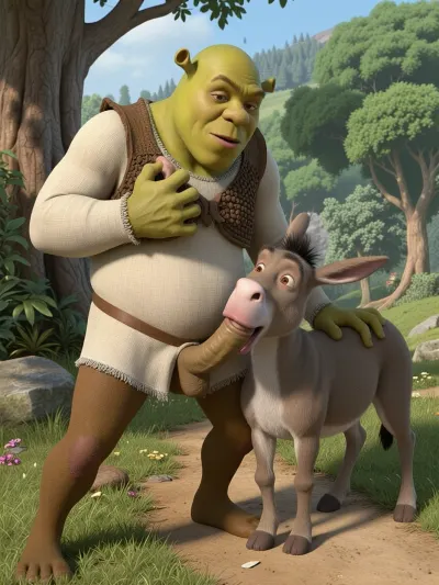 An image in the classic style of the Disney cartoon "Shrek." A fairytale forest, in a clearing, features Shrek giving Donkey a blow job in the doggy style, from the side. Shrek stands in front of Donkey. Shrek's enormous green penis is visible, half-hidden in Donkey's mouth. Donkey gives Shrek a blow job, Donkey sucks Shrek's enormous penis, and Shrek stands in front of Donkey, holding his ears with his hands and thrusting his enormous penis into Donkey's mouth. They look at the viewer with fear, as if caught off guard.