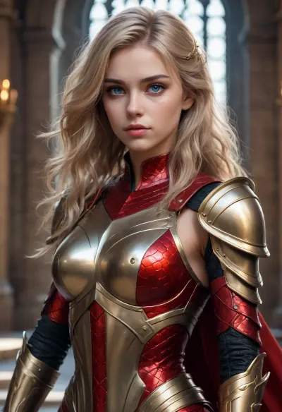 18 year old woman, Attractive female with very long beige messy hair. Full body photo, long beautiful legs, Smolder. Alluring-expression. Wearing armor of red scales with gold trim and Black inlay. No helmet., castle interior background. digital painting, digital illustration, extreme detail, digital art, 32k, ultra hd, beautiful d&d character portrait, dark fantasy, detailed, realistic face, digital portrait, intricate armor, fiverr dnd character, wlop, stanley artgerm lau, ilya kuvshinov, artstation, octane render, hyperrealism, dynamic lighting, unreal engine, clean lines, deviantart, bright, blue, eyes, <lora:bright_blue_eyes:.8>