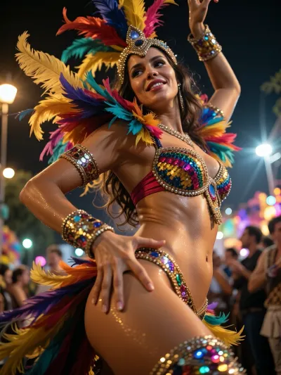 over-detailed professional photography, masterpiece, epic photorealism, DSLR camera, best resolution, uhd, perfect composition of lights. . Sharp focus on face and skin texture. A beautiful Brazilian woman dancing samba, mid-motion, vibrant carnival costume with colorful feathers and sequins, dynamic pose with one arm raised gracefully, hips in motion, joyful confident expression, extreme low-angle golden light casting warm highlights across her skin, natural skin texture with soft glow, dramatic shadows and highlights defining her facial features, samba parade atmosphere with blurred crowd and colorful lights in the background, motion blur on the feathers and fabric emphasizing movement, rich atmospheric depth, ultra detailed face, natural finger proportions, five fingers clearly visible
