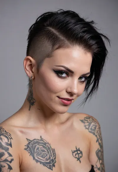 portrait image of a nude woman, long dark hair, undercut hairstyle, (The sides of the head are closely shaved), punk style, intense makeup, eyeliner, eyeshadow, rebellious smile, tattoos, side view, highly detailed, best quality