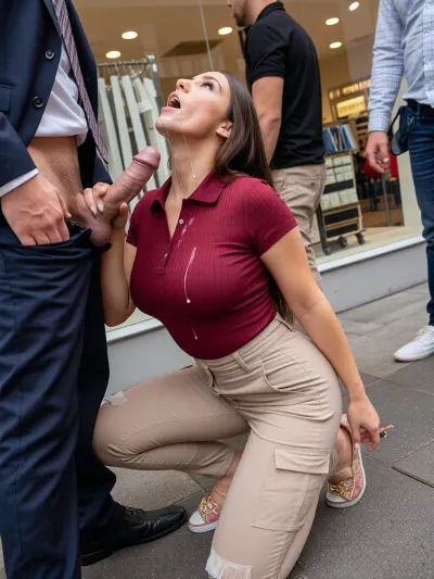 A bustling department store. An attractive, voluptuous, and very sexy young woman is kneeling beside a customer near the shop window. She is wearing the store uniform, a tight burgundy polo shirt, tight beige cargo pants, and espadrilles. The customer is wearing an expensive business suit. His trousers are unzipped, revealing a large, erect, circumcised penis, the shaft and glans are glistening with copious amounts of saliva. She is looking up at the ceiling. The penis is in her mouth. There is a saliva stain on her polo shirt.

Other customers are in the store.