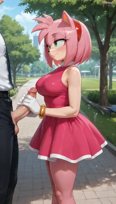 Amy Rose from the Sonic the hedgehog, anthro, (Amy Rose have her white gloves with golden bracelets), Amy Rose small body, flat boobs, she is wearing her pink dress on top of her, (very detailed and accurate Amy Rose pink dress), male anon, male anon is wearing white buttoned down office shirt, black office trousers, (his black office trousers are lowered down so that his penis is visible, (perfectly shaved penis), Male anon is standing, Amy rose is standing in front of him, Amy Rose is holding his penis with her hand, (handjob), side view, (view from side), smiling, in a public park, masterpiece, professional image, very detailed image, 4K image)