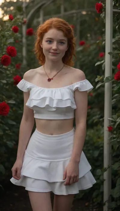 Well-built 34 years old California milf, ((1girl:1.9)), ((solo:1.9)), ((long curly auburn hair)), ((green eyes)), ((small conical breasts:1.4)), ((very small areola:1.5)), ((perky nipples:1.1)), ((innie pussy:1.2)), ((glistening sweaty skin:1.2)), ((pussy with prominent clit and long hanging labia minora:.1)), ((firm tight ass:1.2)), ((delicate red garnet necklace loosely hanging between her breasts:1.4)), ((white off-the-shoulder ruffled crop top:1.8)), ((white ruffled skirt:1.8)), ((denim skirt:.1)), ((grey hiking socks and hiking boots:.1), ((very hairy pussy, very thick auburn pussy bush)), perfect body, ((mischievous smile:1.4)), ((freckles:1.7)), ((skin moles:1.6)), ((serious and sexy)), ((she is standing next to a rose trellis looking away from viewer:1.5)), ((Rose garden at sunset:1.5)), ((focus on buttocks:1.3)), ((glowy translucence:1.4)), ((best view from back above:1.5)), professional photo, glamour photo, hyper realistic photo, full hd, 8K)