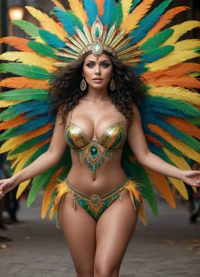 ULTRA PHOTOREALISTIC CINEMATIC SHOT 4k MASTERPIECE «A stunning beauty fit, voluptuous, big natural 36DDD/F-cup breasts perfectly curvy native Brazilian woman with golden brown glowing skin tone, jet black hair, and mesmerizing green eyes in a barely there skimpy stylish elaborate bright carnival costume with an amazing head dress with lots of colorful feathers dances the samba highly detailed with colorful cinematic lighting, full body image
