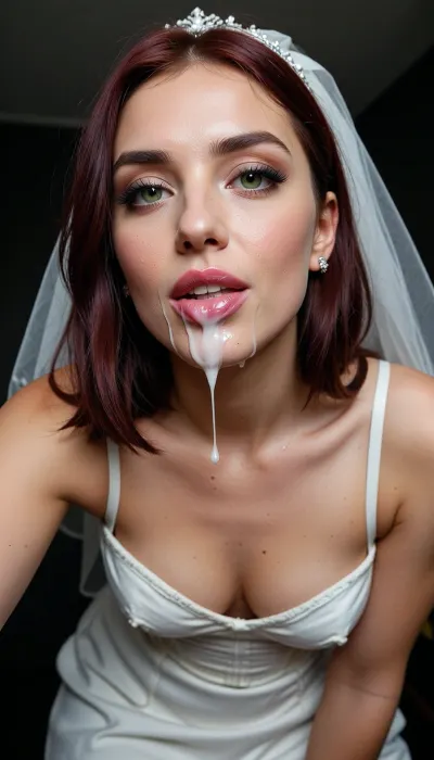 incredibly beautiful elegant turkish woman, 24 years old, onlyfansmodel, with big green eyes, perfect shiny eyes, medium length straight red-dark hair, cute face, perfect hair desing, pink lips, She has a She has smooth and flawless skin, shy, perfect long red nails, prominent cheekbones, small earrings, diamond wedding rigs, very realistic, 8K, very realistic.elegant and attractive facial features, smooth skin with natural texture, very white and very pale skin, perfect skin texture, expressive eyes, soft feminine lines, no make-up, long eyelashes, dark eye makeup, captivating gaze, perfect nose, innocent look, very fair complexion, a fit body, ultra HD, realistic face, long legs, bride, fully clothed, long wedding corset pushup dress with straps, fitted dress, standing on all fours, black background, dim light, low angle view, view from below, ceiling, pov, eye contact, looking at viewer, upper body view, bent over, face close up view, focus on face, girl on top, frontal face view, cleavage, lips together, kiss me face, reaching down, leaning the arms, leaning on me, arms apart, cum covered face, cum on cleavage, facial, cum on face, cum on lips, mouth is full of cum, com overflow, thick cum string drips from mouth, sexy bright makeup, diadem, white veil, white chocker, sly wicked horny playful look, cuckold, femdom, having fun, taking selfie from below, realistic cum, realistic sperm, reaching to viewer, slut, whore, bitch, wicked smirk, wet sticky face, teasing, cum feeding, cum sharing, snowballing, cruel mistress, (focus on the mouth)