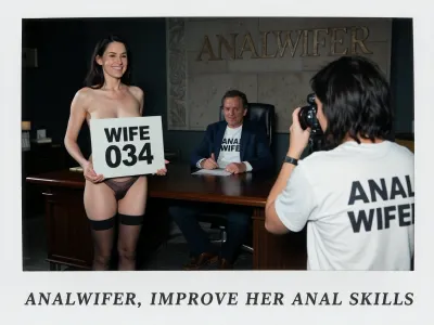 (polaroid vintage photo), Standing upright mature woman holding a sign with two hands that says "WIFE 034" and a company man seated at a big desk in a dark office, a photographer seen from behin is taking pics with a camera, she is standing in the right side of the desk facing the photographer, the word "ANALWIFER" is graved in the wall, exactly written caption at the bottom with arial letters "ANALWIFER, IMPROVE HER ANAL SKILLS", slim, she has dark hair, She is dressed only in sexy lingerie, pants, bra, stockings, and high heels, she is smiling to photographer, director is seated at desk and is wearing a blazer with a t-shirt underneath that says "ANALWIFER"., He has 50yo with a lot of slightly wavy thick dark hair with a curl over the forehead., (looking to photographer), photographer wears a t-shirt that says "ANALWIFER"., (grandma female 75 years old with sagging skin and medium-lenght straight dark hair), (pale skin), very slim, thin, age wrinkles, (very sagging old skin:1.2), Hard, direct, pop-up style frontal camera flash lighting, creating extreme high contrast between brightly lit foreground subjects and a deeply shadowed, dark background. The skin has a distinct glistening, sweaty-look sheen. Rapid fall-off of light into chaos and darkness in the distance. Retro flash color rendering with harsh highlights and potential red-eye effect.