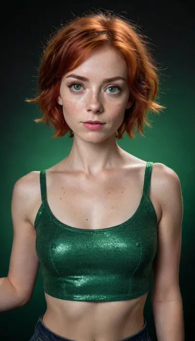 skinny woman, wide green eyes, small tits, small breasts, short red hair, freckles, green metallic top, full body view, selfie, black background.