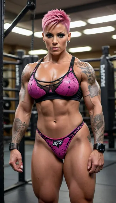 female bodybuilder, short pink spiked hair, large, breasts, big, boobs, huge, tits, dark tanned skin, <lora:uberfit_lora_sdxl:.8>, <lora:bombshell_v2:.8>, dressed as ufc fighter lingerie in octagon, tattoo on arm