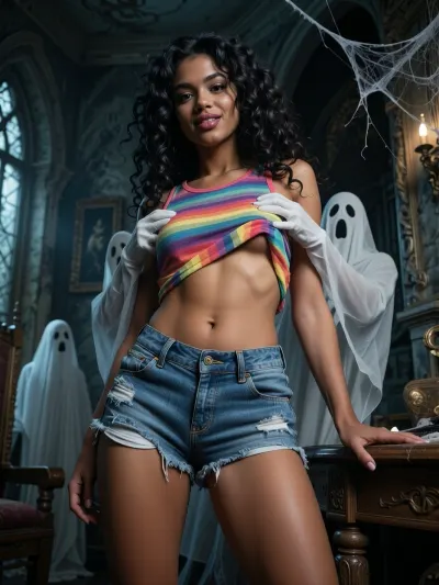 Masterpiece, highest quality, extremely detailed, high resolution. Low-angle shot, full shot, frontal view of the model, full-body shot. Setting, the interior of a haunted castle filled with ghosts, 19th-century furnishings, heavy dust and cobwebs. A dark, ghostly atmosphere prevails. A breathtakingly beautiful young woman, (20 years old), with extremely long, curly black hair, full lips, and dark skin. She is wearing a colorful tank top and short, cut-off denim shorts. Ghosts are tugging at her tank top. Her gaze is fixed on the camera, radiating pure eroticism. She is smiling. Shot on 35mm film, analog photography, natural light fall-off, soft shadow transitions, slight film grain, fine noise structure, imperfect focus, uneven sharpness, realistic skin texture with visible pores and color nuances, no digital sharpening, no HDR look, organic imperfections, cinematic realism defined by natural light and physical details.