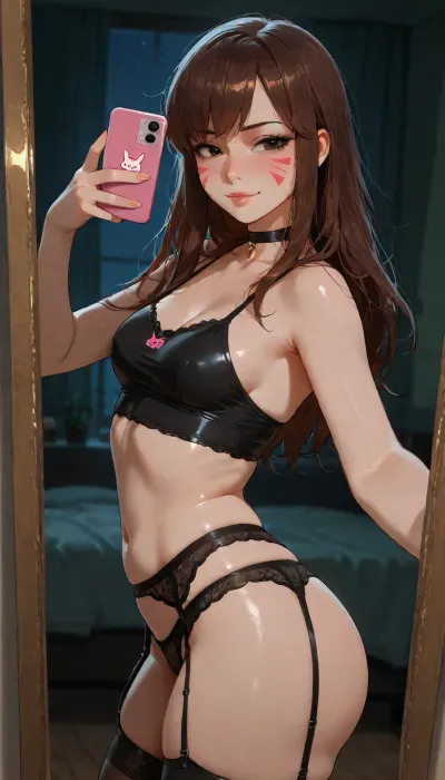 mirror selfie, from side, (d.va from overwatch), solo, (small body), (slim), (short), black choker, black cropped top, black garter belt, black thigh highs, (black makeup), small breasts, messy hair, (pleasure face), (sexy:1.5), stands, (dark bedroom), (night time), 4ng3l, face, green, eyes, blue, brown, perfecteyes, <lora:SDXL_BetterFaces-LoRA_v1:.8>, <lora:add-detail-xl:.8>, <lora:PerfectEyesXL:.8>