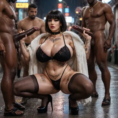 (One girl is squatting down in an alley at night), ghetto backround, dark, nighttime, run-down alley, outside, arrogant look, bad mood, mean look, looking at the viewer, sideview, elevated Angle, UHD 8K, extreme realism, maximum detail, photorealistic, hdri, (black platform high heels, black slave collar, black hair, A-line bob haircut, extremely straight hair, gigantic silver hoop earrings, silver jewelry, full body tattoos:1.25), neck tattoo, arm tattoos, leg tattoos, spiderweb tattoos, exquisite black lingerie bra with huge cutouts and deep cleavage, transparent black stockings, black thong, (grey long shiny fur coat:1.3), Voluptuous, thick thighs, big bulging ass, huge breasts, beautiful face, tanned skin, tanlines, navel piercing, <lora:polyhedron_photostudio-000005:.8>, <lora:192af1bb3d75bab622d76a8c8cf0a0b9:.8>, <lora:LCMTurboMix_Euler_A_fix:.8>, <lora:bombshell_v2:.8>, <lora:Venus_Body_Alpha:.8>, at night in cold heavy rain, 35 mm prime lens, puddles covering the street, rainwater rippling and reflecting neon and streetlights, cars passing by on the wet road, cold wet atmosphere, strong contrast, warm and cold color separation, realistic skin texture, detailed wet fabric, glossy reflections on asphalt, subtle volumetric rain haze, cinematic depth of field, rich shadow detail, natural urban grit, (raining:1.5), back arched, legs spread extremely wide, many african men are surrounding her, holding their massive cocks, she is staring up at them, gangbang, interracial scene, before sex, (huge cock:1.5), (african men:1.5), (double handjob:1.5), (soaking wet body:1.5), (the men are holding their cocks:1.5), (thick thighs:1.5), ultra fat breasts, (many tattoos on legs:1.5), (gangbang:1.5), (groping:1.4)
