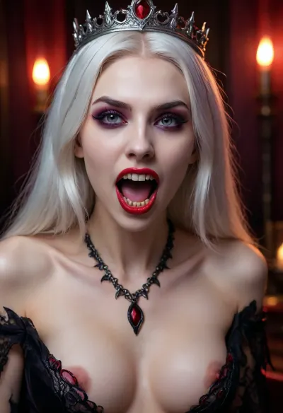 hyper detailed hyper realistic natural petite cutie, 18 years old beautiful vampire queen, (very slim), nightclub, very detailed face, pale woman with white hair, Vampire Queen sucks penis, close up, red eyes, (((very long vampiric fangs))), sharp Long canines, luxurious tiara in the style of dark fantasy, symmetrical epic fantasy art, dark fantasy, purple lights, neon, colorful, high detail, impeccable image quality, ultrarealism, cockbiting, bitingshaft, vampirebiting, 1girl, penis, hetero, 1boy, fellatio, oral, solo, focus, pov, fangs