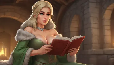 (one woman, Betrid from Skyrim, 50 year old, scandinavian, blonde medium hair, medium breasts, serious face expression, eyes looking down), (inside medieval stone house, silver stone walls), (wearing brown fur shawl and noble ornamental green dress topless pulled down exposing breasts), (sitting, holding a book high up in front of her breasts above chest, covering breasts with open book, nipples hidden behind book held up), close-up side view from below, (artwork, digital painting, fantasy art, loading screen art style), <lora:LegendDarkFantasy-000001:.5>, <lora:SumTim:.1>, <lora:SDXLSamDoesArts:.3>