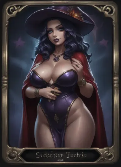 Tarot legendary card. Detailed decorated golden frame., (Five golden star rating), .
50 years old, ((pale white)), housewife, Classy, thick booty, (curvy waist:1.2), (chubby:1.3), sexy thick legs, thick arms, saggy natural tits 32b, wavy brunette hair, black eye shadow, Dark Purple lipstick, Glossy oiled face & body, dark purple amethyst pentacle necklace, dark purple amethyst wedding ring, slutty smirk, witch in black laces transparent dress, cleavage, small witch hat, High detail, excellent image quality, big meaningful blue eyes, long fake eyelashes, very big lips glossy red, color eyeliners, ultra heavy makeup, night, moonlight, black cat, Halloween pumpkin lantern, (tarot cards:1.9), ((Major Arcana Tarot cards)), ((The Fool)), ((text on card, The Fool)), candles, open red cloak, sapphire necklace, golden bracelets, reiq style, <lora:detailed_notrigger:.7>, <lora:dark:.8>