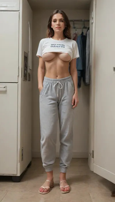 From under view. Very Busty blonde college shy brunette at the laundry mat. She's wearing tight sweatpants and a loose t shirt and flip flops. Candid style. Underboob