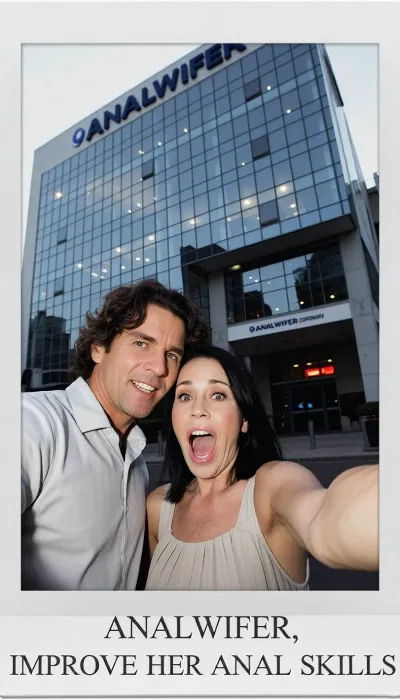 polaroid photo, hetero couple doing a selfie looking to cam, extended arm, behind them there is a very high big modern company glass building of the ANALWIFER company, they want a selfie with the sign at the top of the building, there is another sign at the top of the main door. exactly written caption at the bottom with arial letters "ANALWIFER, IMPROVE HER ANAL SKILLS", slim realistic grandma and her husband are posing for the selfie, she is wearing a everyday elegant dress, he smiles but she is very nervous and is laughing with wide open mouth and eyes, (50yo husband wears a shirt, He has a lot of slightly wavy thick dark hair with a curl over the forehead, (grandma female 65 years old with sagging skin), medium-lenght straight dark hair, (pale skin), very slim, (very sagging skin, face wrinkles:1.4), Hard, direct, pop-up style frontal camera flash lighting, creating extreme high contrast between brightly lit foreground subjects and a deeply shadowed, dark background. The skin has a distinct glistening, sweaty-look sheen. Rapid fall-off of light into chaos and darkness in the distance. Retro flash color rendering with harsh highlights and potential red-eye effect.)