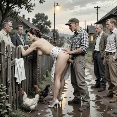 This is is a detailed monochromatic pencil drawing in a classical illustrative style depicts a scene set in USSR, in 1960s, Soviet village, 1960s — a late summer evening. A long wooden village fence stretches along the slushy, wet road, where the dim yellow light of an old street lamp casts shadows. A fashionable 40‑year‑old city dweller — with a large, beautiful bust — is leaning forward in a “doggy style” pose, facing a group of village men. She has bent forward low, resting her slightly bent arms on the old wooden fence. Her snow‑white panties are hanging on the fence. She is illuminated by the light from a street lamp, in the background, a village alley is visible. A married beautiful curvy milf with seductive faces and wide hips, city dweller, a brown elegant hairstyle, she is wearing a polka dot dress in the style of 1960, the dress is lifted high up to the waist, revealing a huge, beautiful butt. a pearl necklace, polished high-heeled shoes completely unsuitable for dirty country roads, carefully curled hair, exaggerated urban sophistication, a female orgasm, chickens running at her feet, rustic peasants in simple clothes watching with fun, rustic atmosphere, humorous contrast between luxurious urban fashion and the poor life of a rural collective farm behind the city lady stands an unshaven village peasant in baggy trousers, an old cap, sharp visors from the movie and battered shoes. He is holding the woman by the waist. He is fucking the woman with his huge, thick, sinewy penis, having pulled his pants down to her hips. This is rough sex from behind — anal sex, hard penetration from behind. Several other men are standing nearby, they are looking at the woman in the doggy position and waiting for their turn. The men are standing in a semicircle.Special attention should be paid to the men’s clothing, ill‑fitting, crumpled jackets, baggy trousers with distinct creases, old eight‑panel caps, rough canvas boots, unbuttoned checkered shirts, and rolled‑up sleeves. Their clothing is modest, worn, and slightly dusty&nbsp;—&nbsp;this lends the image an extraordinary authenticity characteristic of Soviet rural areas in the 1960s. In the background, wooden houses and scattered trees are visible, where the warm light of a street lamp merges with the deep blue evening sky. The overall atmosphere is both slightly animated and good‑naturedly comical — like a scene from an old Mosfilm film. Soviet cinematic comedy, the authentic aesthetics of Soviet rural life, warm lamp light, film grain, hyper‑realistic and detailed clothing textures, a relaxed moment, a nostalgic atmosphere. Side angle, medium shot., The overall mood is intense, rendered in fine, expressive line work and subtle shading, evoking the style of 1950s satirical or moralistic illustrations.
