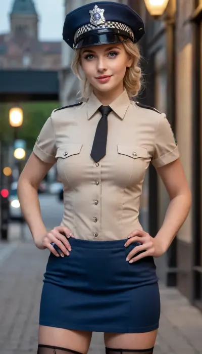 (Sexy Sweet Tempting Woman), Professional modelposes, supermodel, perfect lighting, ultra realistic, 8k resolution, ultra detailed, instagram model, professional photography, night, dim lighting, (Police), (luxurious ash blond hair, updo hairstyle), Blue eyes, Sexy lips, ((Sexy Police uniform), Tight clothing, Slim Mini Skirt, Black stockings), pale skin, natural big round breasts, shy smile, nordic, flirty, bashful, seductive, lusty, playful, Healthy slim body, Tall, very long legs, hourglass figure, Sweet face, perfect face, lifelike face, real face, very beautiful face, detailed face