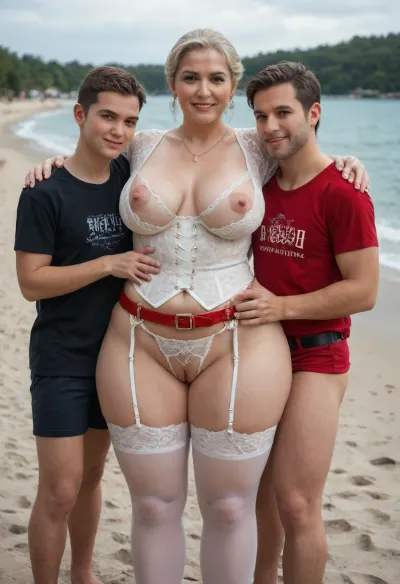 (1boy, 1Mom:1.4), (different ages:1.6), Chinese baddie blonde tall elegant mature Mom with little short torso tiny stepson, (in living public beach outdoor:1.2), family photo portrait together, (gilf:1.15), (bbw:.9), (crotchless clothes:1), white corset, (red leather belt), (white lace stockings), (leather straps, lace white crotchless leggings with garter), white summer jacket, (sunhat:.8), saggy waist, (big natural saggy breasts under big cups white bra:1.2), (white tight crotchless panties:1.3), (pierced nipples rings), (big labia cameltoe:1.5), (gaping vagina:1.2), (oiled glossyshiny skin:1.4), (cellulite:1.3), (detailed elegant red 1 bag:1.2), necklace, living dynamic poses, perfect 5 fingers, slutty smirk, hugs, .