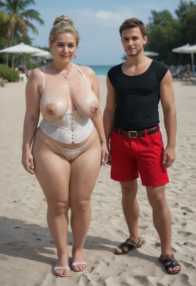 (2boys, 1Mom:1.4), (different ages:2), Chinese baddie blonde tall elegant mature Mom with little short torso tiny 2stepsons, (in living public beach outdoor:1.2), family photo portrait together, (gilf:1.15), (bbw:.9), (crotchless clothes:1), white corset, (red leather belt), (white lace stockings), (leather straps, lace white crotchless leggings with garter), white summer jacket, (sunhat:.8), saggy waist, (big natural saggy breasts under big cups white bra:1.2), (white tight crotchless panties:1.3), (pierced nipples rings), (big labia cameltoe:1.5), (gaping vagina:1.2), (oiled glossyshiny skin:1.4), (cellulite:1.3), (detailed elegant red 1 bag:1.2), necklace, living dynamic poses, perfect 5 fingers, slutty smirk, .