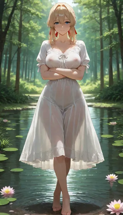 (highres, masterpiece, best quality), (female), Violet Evergarden, long blonde hair, small medium breasts, long erect nipples, large areolas, (standing in lake, hands crossed under breasts, crossed legs, looking at viewer), soft smile, blushing, (full body shot, front view), (forest lake background, water lily in lake), (sheer white nightdress, (shameful expression), (dappled sunlight))