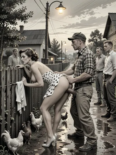 This is is a detailed monochromatic pencil drawing in a classical illustrative style depicts a scene set in USSR, in 1960s, Soviet village, 1960s — a late summer evening. A long wooden village fence stretches along the slushy, wet road, where the dim yellow light of an old street lamp casts shadows. A fashionable 40‑year‑old city dweller — with a large, beautiful bust — is leaning forward in a “doggy style” pose, facing a group of village men. She has bent forward low, resting her slightly bent arms on the old wooden fence. Her snow‑white panties are hanging on the fence. She is illuminated by the light from a street lamp, in the background, a village alley is visible. A married beautiful curvy milf with seductive faces and wide hips, city dweller, a brown elegant hairstyle, she is wearing a polka dot dress in the style of 1960, the dress is lifted high up to the waist, revealing a huge, beautiful butt. a pearl necklace, polished high-heeled shoes completely unsuitable for dirty country roads, carefully curled hair, exaggerated urban sophistication, a female orgasm, chickens running at her feet, rustic peasants in simple clothes watching with fun, rustic atmosphere, humorous contrast between luxurious urban fashion and the poor life of a rural collective farm behind the city lady stands an unshaven village peasant in baggy trousers, an old cap, sharp visors from the movie and battered shoes. He is holding the woman by the waist. He is fucking the woman with his huge, thick, sinewy penis, having pulled his pants down to her hips. he fucks holding a woman by the hips with his hands, This is rough sex from behind — anal sex, hard penetration from behind. Several other men are standing nearby, they are looking at the woman in the doggy position and waiting for their turn. The men are standing in a semicircle.Special attention should be paid to the men’s clothing, ill‑fitting, crumpled jackets, baggy trousers with distinct creases, old eight‑panel caps, rough canvas boots, unbuttoned checkered shirts, and rolled‑up sleeves., ((all the village men mockingly laugh at her)), Their clothing is modest, worn, and slightly dusty&nbsp;—&nbsp;this lends the image an extraordinary authenticity characteristic of Soviet rural areas in the 1960s. In the background, wooden houses and scattered trees are visible, where the warm light of a street lamp merges with the deep blue evening sky. The overall atmosphere is both slightly animated and good‑naturedly comical — like a scene from an old Mosfilm film. Soviet cinematic comedy, the authentic aesthetics of Soviet rural life, warm lamp light, film grain, hyper‑realistic and detailed clothing textures, a relaxed moment, a nostalgic atmosphere. Side angle, medium shot., The overall mood is intense, rendered in fine, expressive line work and subtle shading, evoking the style of 1950s satirical or moralistic illustrations.