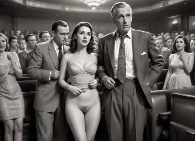 This is a detailed monochromatic pencil drawing in a classical illustrative style depicts a scene set in in the movie theater in the 1950s.2 old men and 1woman are сидят на сиденьях кинотеатра with the girl in the middle, woman strokes both old men for double handjobs, woman is wearing a 1950s dress and Her dress is slightly pulled up, she is wearing brown stockings but no panties, no shoes. her genitals are slightly visible, Her knees are spread. both old men are casually dressed with open trousers and errected dicks, with brown hair, men are looking sexually aroused and lustful, sweaty, candid amateur picture, man is fully visible, men are looking into camera, . The overall style is a black and white pencil drawing, capturing a candid moment. The scene has a formal, organized atmosphere. The overall mood is intense, rendered in fine, expressive line work and subtle shading, evoking the style of 1950s satirical or moralistic illustrations., skirtlift, <lora:skirtlift_xl:1.5>