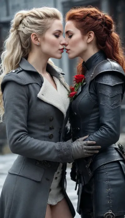Kissing lesbian couple, beautiful sexy slender young lady, hot sweaty pale white skin, kind soft, flirty eyes, flirty smirk smile, rough tangled rose hair, frostpunk armour and heavy coat, legs