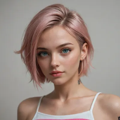 android doll female cute face 21yo, pink hair with Turkise stripes and sidecut, butterfly tattoo on sidecut, android led rgb magenta lightning, nanotexture skin, clothless, Fotoshooting, on stage black background, only spotlight on her, cinematic visuals