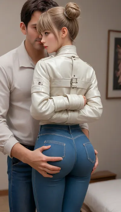 ((rear view)), (1man + 1girl), cute 18 years Algerian woman, (hand tied in the back:1.6), small body, (tight jeans:1.5), (white straitjacket:1.4), (round bubble butt:1.5), (dark tanned skin), cute face, innocent face, (blond two buns with straight bangs), (caught by force and molested), (molested:1.4), ((tall, old man groping her ass)), by force, (ass grab:1.5), fully clothed, (look at the man:1.4), straitjacket, crossed, arms, latex, canvas, heavy, extreme, <lora:Ass_Pants_XL:1.7>, <lora:flat_chested_v3.5:1.6>, <lora:bottomheavy_v1_sdxl_LoRA:1.7>, <lora:Creat0r_MagicDetailzV2_FIX:1.4>, <lora:STRAITJACKET_XL:2>
