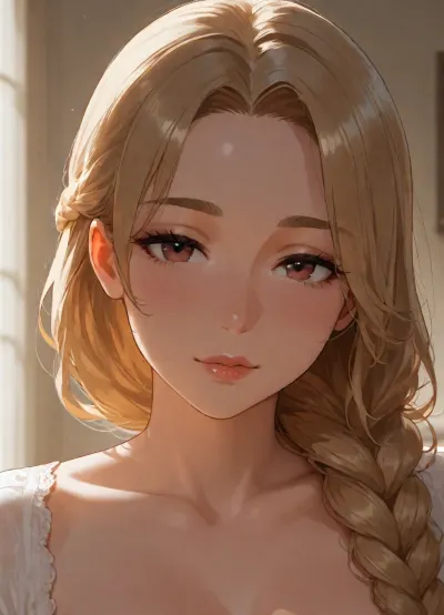 masterpiece, best quality, absurdres, newest, highres, very aesthetic, 1girl, solo, mature female, adult, 45 years old, portrait, close-up, upper body, photo portrait, plump lips, full lips, soft face, small cheeks, delicate face, hair braid, thick braid, lush braid, single braid, long braid, braided hair, looking at viewer, detailed face, detailed eyes, soft skin, soft lighting, natural lighting, depth of field, intricate details