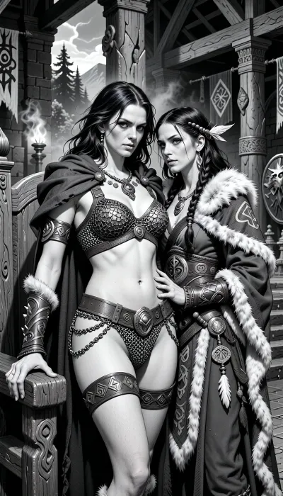 A black and white line drawing depicting an adult Cimmerian barbarian queen standing in the great hall of her people in Cimmeria, in a dark sword-and-sorcery world inspired by Conan. She is in her mid-twenties, tall, powerful and regal, with long wild dark hair, strong rugged features, pale weathered skin, and a calm, stern, self-assured expression. She is beautiful in a fierce northern way, more powerful than delicate. She wears rich but harsh Cimmerian chainmail bikini suited to a cold brutal land, detailed chainmail bikini made from detailed steel rings linked together to form the erotic fantasy armor, broad belts, arm rings, carved bone and stone jewelry, and a heavy cloak draped around her shoulders. One hand rests on the carved arm of a rough wooden throne.

Behind and slightly beside her stands her female Cimmerian sorcerer, advisor and lover. She is an equally beautiful adult woman, slightly taller, with long dark hair braided with bone beads and feathers, intense pale eyes, and an unreadable expression. She wears layered robes and cloaks of fur, wool and leather, decorated with runes, carved talismans, bone charms and ancient tribal symbols. She stands much closer than a mere advisor should, one hand resting lightly and possessively at the queen’s waist as she leans toward her ear as if whispering private counsel. The queen’s relaxed posture and faint private smile reveal intimacy, trust and conspiracy between them.

The setting is unmistakably Cimmerian, massive timber beams, rough stone walls, carved wooden pillars, animal pelts, shields, spears, smoky braziers, long benches, banners, and a distant opening toward bleak mountains, dark forests and a storm-heavy sky. Subtle ancient magic surrounds the sorceress, faint mist around her fingers and the ghostly suggestion of a wolf, raven or shadowy ancestral spirit in the darkness behind her.

Rendered as detailed black and white lineart, ink illustration, clean contour lines, crisp linework, elegant hatching and cross-hatching, no color, no grayscale painting, no painterly shading, strong silhouettes, dramatic lighting suggested through line density, full-body composition, queen dominant in the foreground, sorceress intimately behind her, richly detailed fur, leather, metal, chainmail, wood and stone textures, realistic anatomy, classic fantasy illustration feel, refined monochrome sword-and-sorcery art.