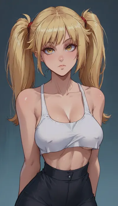 (((Melkor mancin mix markgavatino mix cutesexyrobutts style))), reiq style, masterpiece, super ultra detailed, super high resolution, (perfect small details, perfect quality, ultra perfect quality, perfect detailing), lora, add-detail-xl, 2, 1 woman 40yo in bedroom double pigtails, blond hair, (blonde highlights:.6), blond hair color, white secy tank top red sport's short, (huge round natural saggy boobs:1.3), (extreme wide yellow eyes:1.3), perfect face, big hips. thin waist, style, negativeXL_D, <lora:Tsune_XL:1>, <lora:EnvyPastelAnimeXL01:1>, <lora:Gemini_Manga-000015:1>, <lora:NEOTOKIOXL_0.2_RC:2>