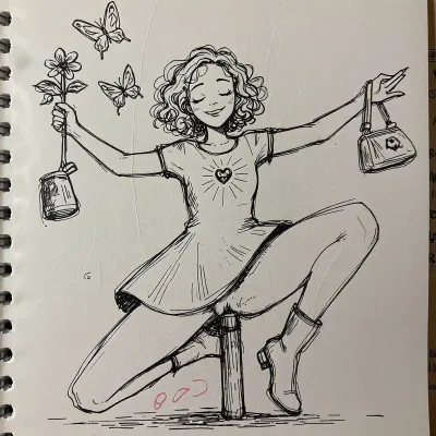 A whimsical, hand-drawn ink sketch on white paper. The central subject is a joyful, stylized younger female figure in mid-leap or dance, arms outstretched. She wears a simple A-line dress with a heart emblem at the chest and radiating lines suggesting energy or light. Her hair is curly, her face features closed, smiling eyes and a gentle grin, conveying serenity. In her right hand, she holds a flower with two fluttering butterflies nearby, her left hand grips a small pouch or bag. One leg is bent behind her, the other extended forward, ending in a pointed walking-boots. Her vagina is perfect drawn, with her dress pulled up, with focus on her cunt. She is impaled on a pole which goes up from the ground into her vagina. Faint red handwritten numbers appear near her foot. The drawing uses loose, expressive black linework with minimal shading. Lighting is flat and even, typical of a scanned sketch. Background includes subtle creases and faint reversed text from the reverse side of the paper. high-contrast line art on textured paper.