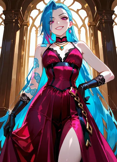 Jinx from League of Legends, beautiful young woman with long wild electric-blue hair with pink tips, pale skin, striking pink eyes, mischievous wide grin showing teeth, signature tattoos on arms and torso, wearing elegant classic Victorian-style clothing, deep red corseted dress with intricate black lace details, long flowing skirt with subtle golden embroidery, white lace blouse underneath, black leather gloves, delicate gold necklace, standing in sophisticated pose with one hand on hip, looking playfully at viewer, dramatic cinematic lighting, highly detailed face, sharp eyes, perfect anatomy, masterpiece, best quality, 8k, intricate details