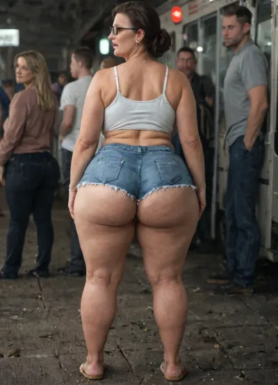 Older mature mom with hyper gargantuan tear drop breast, massive fat thighs, slim stomach, and a gigantic fat ass, is wearing eye glasses and a crop top with denim skirt and flip flops. The older mature mom is at a bus stop. The older mature mom is standing up straight., ((wrinkled skin older mature mom)), ((hyper detailed face)), ((night time)), ((back view)), ((group photo)), agony, anguish, anxiety, depression, despair, grief, pain, sadness, stress, suffering, <lora:Lamentations-000016:2>, <lora:Saggo_XL:2>