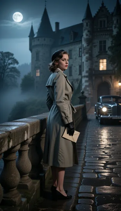 Photorealistic cinematic 1930s mystery scene, stylish woman standing on an old stone bridge near an ancient European castle at night, framed from around the knees or mid-thigh up so her face, posture, and clothing are prominent while the bridge and castle remain visually important, late twenties or early thirties, tailored trench coat or long 1930s coat, gloves, softly waved hair or a small period hat, holding a small envelope or folded letter in one hand, glancing back over her shoulder, stone bridge railing clearly visible beside her, castle looming in the misty background, subtle vintage 1930s car shape near the far end of the bridge, wet stones, moonlight, dim window lights, soft lamplight, subtle fog, elegant European noir spy thriller mood, realistic anatomy, realistic hands, period-correct wardrobe, cinematic composition, shallow depth of field but bridge and castle still readable, high detail