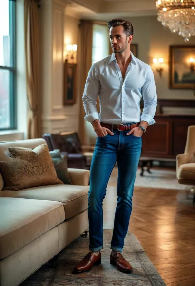 Side view, handsome fit Caucasian man, tight jeans, tailored dress shirt, slim body, toned ass, muscular ass, (((perky butt))), ((((in the living room of his luxury nyc apartment))), (meeting a client), seducing a wealthy client, blue boat shoes), <lora:MJ52:.8>, <lora:BUT_SDXL_SHS:.8>