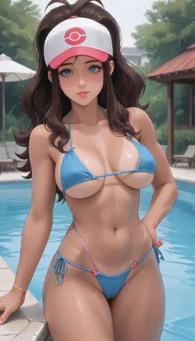 score_9_up, best quality, best resolution, 4K, the picture is a depiction of, (((1 woman, HILDA from pokemon))), ((her body is very super tanned)), tan marks, her body is slender but muscular, her muscles are well defined, (her skin is glistening and oily), (she has EXTREMELY TANNED skin), her BLUE clothes are drenched, slutty skimpy outfit, (slutty pose), ((grinning)), massive amount of Jizz all over her body, suntanning near her pool, ((Brown skin)), <lora:outline_xl_kohaku_delta_spv5x:.7>, <lora:NEOTOKIOXL_0.2_RC:.6>, <lora:Ppolar-P3v1-NbVp10:.7>, <lora:cartoon_stickers_xl_v1:.7>, <lora:Tan_Pokemon_Anime_style_girl:2>