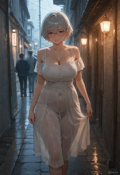Street full of people. Chubby girl, (36 years old, round face, wearing a dress, silver curly bobcut. Glasses.), walking in a modern street full of people. She is hiding from rain under a balcony. She tries to hide her body in shame with her hands. Nervous giggling. Wet clothes. Dinamic pose. No ligerie.

Other people in the street wear umbrellas and keep they clothes dry.

Shy expression, aroused., Radiant, Darkness, hvrn, heavy, rain, <lora:Radiant_Darkness:1.5>, <lora:Heavy_Rain_XL-000008:1.6>