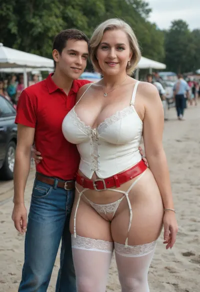 (1boy, 1Mom:1.4), Chinese baddie blonde tall elegant mature Mom with little short torso tiny stepson, (in living public beach outdoor:1.2), family photo portrait together, (gilf:1.15), (bbw:.9), (crotchless clothes:1), white corset, (red leather belt), (white lace stockings), (leather straps, lace white crotchless leggings with garter), white summer jacket, (sunhat:.8), saggy waist, (big natural saggy breasts under big cups white bra:1.2), (white tight crotchless panties:1.3), (pierced nipples rings), (big labia cameltoe:1.5), (gaping vagina:1.2), (oiled glossyshiny skin:1.4), (cellulite:1.3), (detailed elegant red 1 bag:1.2), necklace, living dynamic poses, perfect 5 fingers, slutty smirk, .