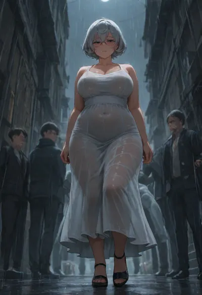Chubby girl, (36 years old, round face, wearing a dress, silver curly bobcut. Glasses.), walking in a modern street full of people. She is hiding from rain under a balcony. She tries to hide her body in shame. Wet clothes. Dinamic pose. Full body, low angle. No ligerie.

Other people in the street wear umbrellas and keep they clothes dry.

Shy expression, aroused., Radiant, Darkness, hvrn, heavy, rain, <lora:Radiant_Darkness:1.5>, <lora:Heavy_Rain_XL-000008:1.6>