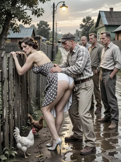 This is is a detailed monochromatic pencil drawing in a classical illustrative style depicts a scene set in USSR, in 1960s, Soviet village, 1960s — a late summer evening. A long wooden village fence stretches along the slushy, wet road, where the dim yellow light of an old street lamp casts shadows. A fashionable 40‑year‑old city dweller — with a large, beautiful bust — is leaning forward in a “doggy style” pose, facing a group of village men. She has bent forward low, resting her slightly bent arms on the old wooden fence. Her snow‑white panties are visible. She is illuminated by the light from a street lamp, in the background, a village alley is visible. A married beautiful curvy milf with seductive faces and wide hips, city dweller, a brown elegant hairstyle, she is wearing a polka dot dress in the style of 1960, the dress is lifted high up to the waist, revealing a huge, beautiful butt. a pearl necklace, polished high-heeled shoes completely unsuitable for dirty country roads, carefully curled hair, exaggerated urban sophistication, a female orgasm, chickens running at her feet, rustic peasants in simple clothes watching with fun, rustic atmosphere, humorous contrast between luxurious urban fashion and the poor life of a rural collective farm behind the city lady stands an unshaven village peasant in baggy trousers, an old cap, sharp visors from the movie and battered shoes with vulgar smile. He is holding the woman by the waist. He is roughly paw the woman with his hand, touchs her bottoms by his fingers, This is rough grabs from behind . Several other men are standing nearby, they are looking at the woman in the doggy position and waiting for their turn. The men are standing in a semicircle.Special attention should be paid to the men’s clothing, ill‑fitting, crumpled jackets, baggy trousers with distinct creases, old eight‑panel caps, rough canvas boots, unbuttoned checkered shirts, and rolled‑up sleeves., ((all the village men mockingly laugh at her)), Their clothing is modest, worn, and slightly dusty&nbsp;—&nbsp;this lends the image an extraordinary authenticity characteristic of Soviet rural areas in the 1960s. In the background, wooden houses and scattered trees are visible, where the warm light of a street lamp merges with the deep blue evening sky. The overall atmosphere is both slightly animated and good‑naturedly comical — like a scene from an old Mosfilm film. Soviet cinematic comedy, the authentic aesthetics of Soviet rural life, warm lamp light, film grain, hyper‑realistic and detailed clothing textures, a relaxed moment, a nostalgic atmosphere. Side angle, medium shot., The overall mood is intense, rendered in fine, expressive line work and subtle shading, evoking the style of 1950s satirical or moralistic illustrations.