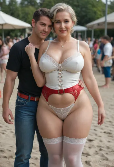 (1boy, 1Mom:1.4), (different ages:2), Chinese baddie blonde tall elegant mature Mom with little short torso tiny stepson, (in living public beach outdoor:1.2), family photo portrait together, (gilf:1.15), (bbw:.9), (crotchless clothes:1), white corset, (red leather belt), (white lace stockings), (leather straps, lace white crotchless leggings with garter), white summer jacket, (sunhat:.8), saggy waist, (big natural saggy breasts under big cups white bra:1.2), (white tight crotchless panties:1.3), (pierced nipples rings), (big labia cameltoe:1.8), (gaping vagina:1.2), (oiled glossyshiny skin:1.4), (cellulite:1.3), (detailed elegant red 1 bag:1.2), necklace, living dynamic poses, perfect 5 fingers, slutty smirk, hugs, .